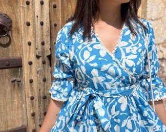 Hand Block Printed Dress| Spring/Summer Dress| White&Blue V Neck dress| Jaipuri Print dress| Handmade In India|Dress with Belt| Gift For Mom