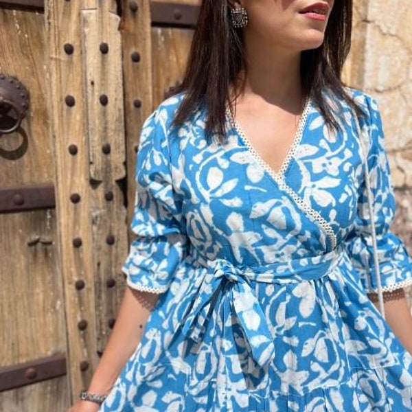 Hand Block Printed Dress| Spring/Summer Dress| White&Blue V Neck dress| Jaipuri Print dress| Handmade In India|Dress with Belt| Gift For Mom