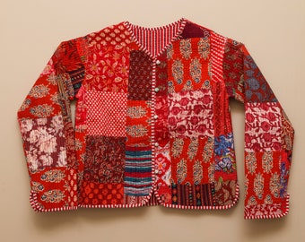 HandBlock Print Gesteppte Kurze Jacke Kimono Frauen Tragen Knopf Handgefertigtes Kurzes Kimono Roter Print Top Geschenk für ihre Mutter Geschenk