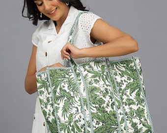 Quilted Cotton Handprinted Reversible Large Green Fish Tote Bag Eco friendly Sustainable Sturdy Grocery Shopping Handmade Christmas Bag
