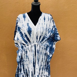 Blue Tie Dye Kaftan, Caftan, Beach, Resort, Vacation, Cruise, Pool, Party, Lounge, Work At Home, Cotton Dress, Mother's Day Gifts