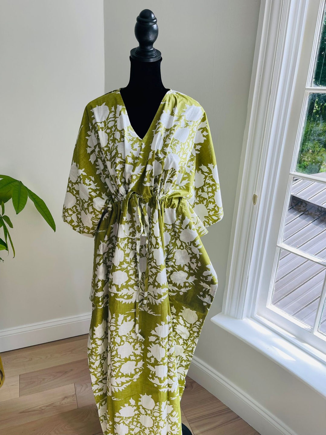 Black - Hand Block Printed Cotton Kaftan & Pyjama Night Suit Set