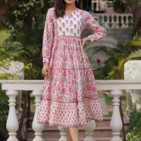 Hand Block Printed Dress | Summer Midi Dress | Cotton Floral Dress | White & Pink Dress| Handmade in India | Dress with pockets,belt