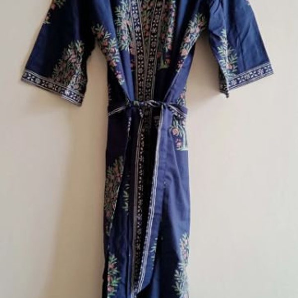 Cotton Kimono Robe Dressing Gown, Block Print Bridesmaid Robe, Bohemian Bath Robe, Pure Cotton Robe, Night Wear Dressing Gown With Belt