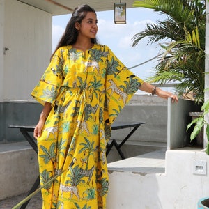 Yellow Tiger Print Cotton Kaftan, Plus Size Tunic Floral Long Caftan, Bridesmaid Gown Summer Clothing With Free Shipping image 3