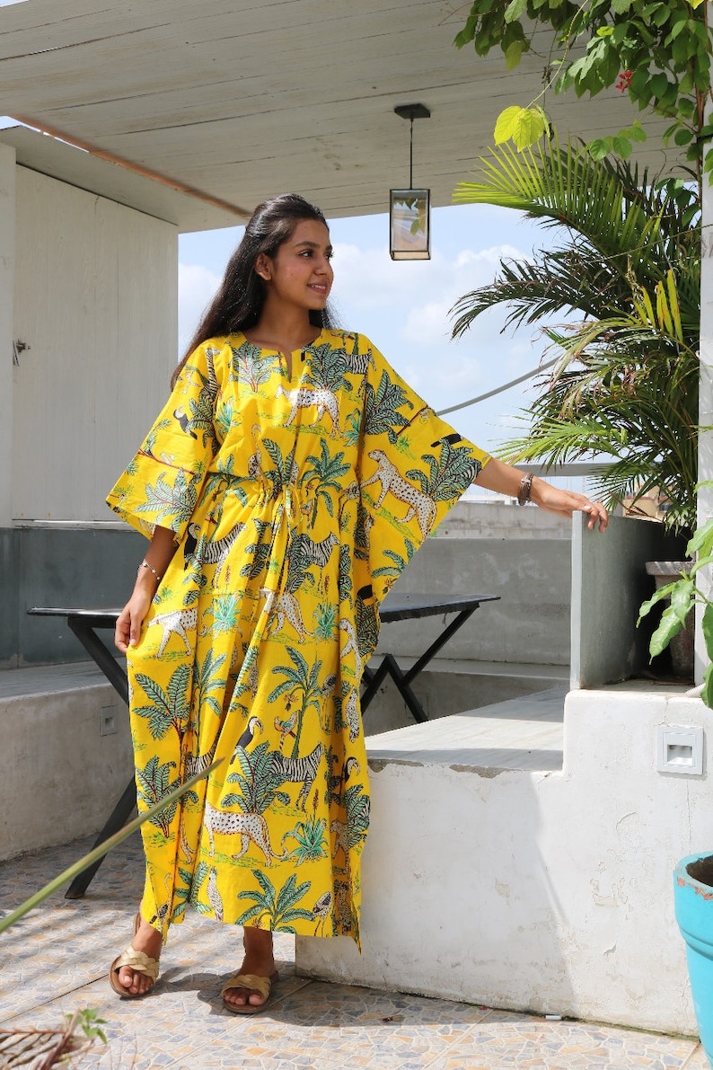 Yellow Tiger Print Cotton Kaftan, Plus Size Tunic Floral Long Caftan, Bridesmaid Gown Summer Clothing With Free Shipping image 3