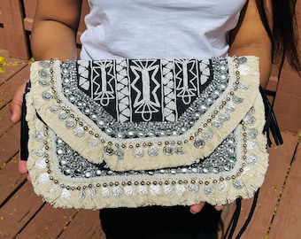 Black and white aztec bohemian bag, Boho bag, Mother's Day Gift bag, Coin Bag, Fashionable Bag, banjara bag, handmade bag, Free Shiiping