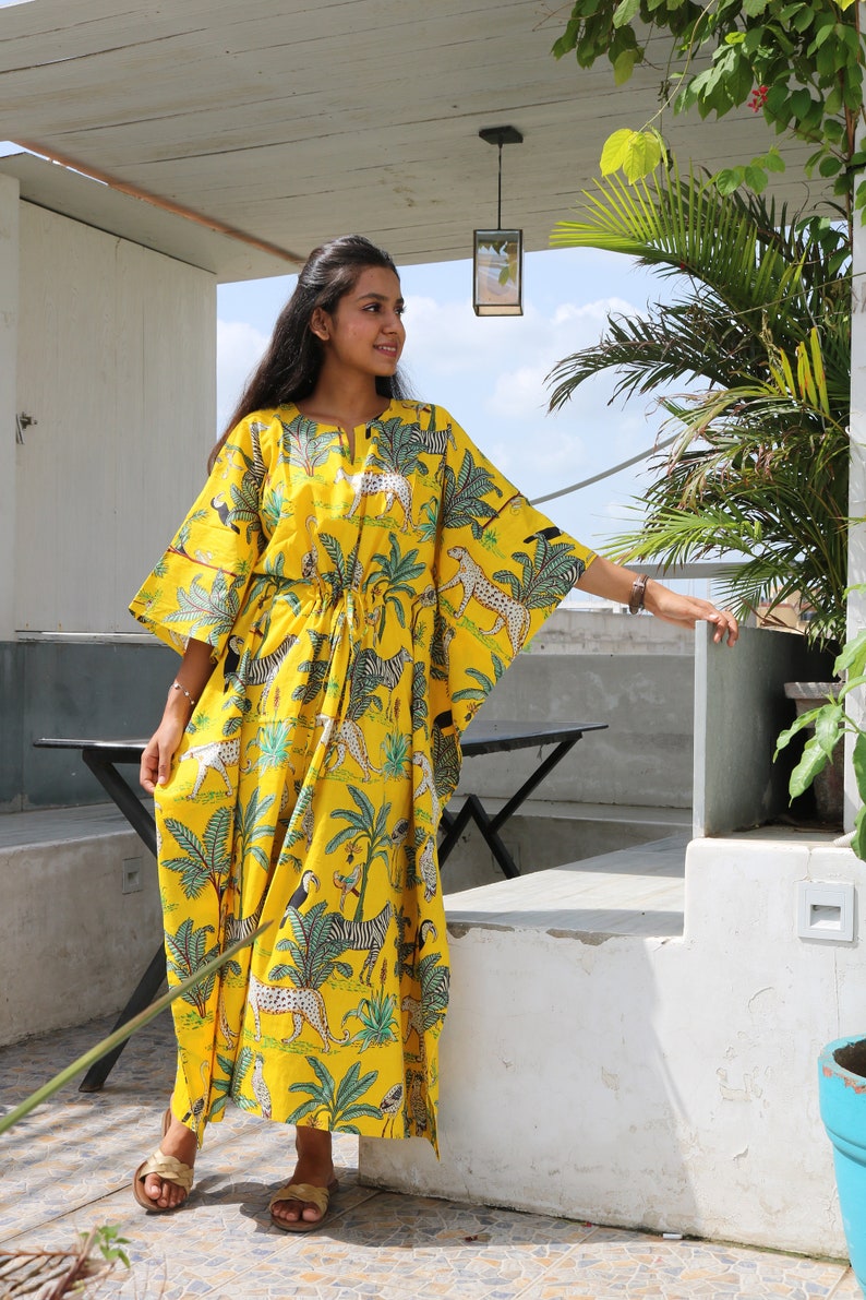 Yellow Tiger Print Cotton Kaftan, Plus Size Tunic Floral Long Caftan, Bridesmaid Gown Summer Clothing With Free Shipping 1  Pattern