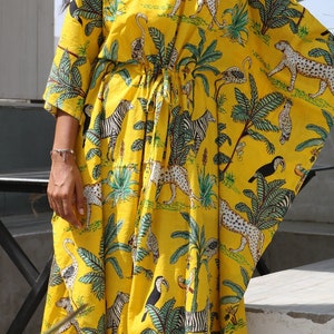 Yellow Tiger Print Cotton Kaftan, Plus Size Tunic Floral Long Caftan, Bridesmaid Gown Summer Clothing With Free Shipping image 2