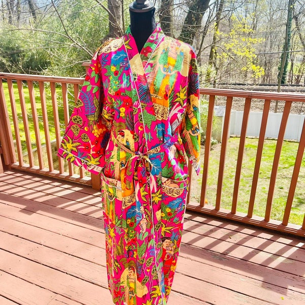 Pink Frida Khalo Long Cotton Kimono, Indian Handmade Vintage Cover up Bath Robes, Beach kimono Robes, Gift for mom, Mother's Day gift