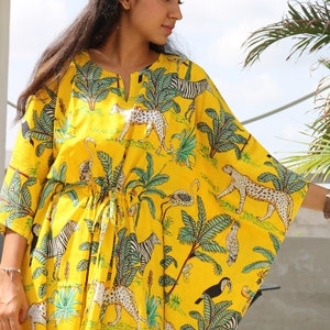 Yellow Tiger Print Cotton Kaftan, Plus Size Tunic Floral Long Caftan, Bridesmaid Gown Summer Clothing With Free Shipping image 5