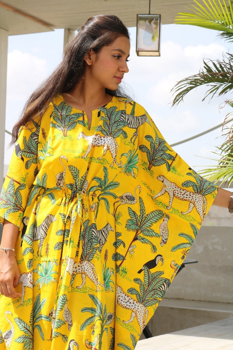 Yellow Tiger Print Cotton Kaftan, Plus Size Tunic Floral Long Caftan, Bridesmaid Gown Summer Clothing With Free Shipping image 5