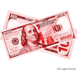 May include: Two red hundred dollar bills with the portrait of Benjamin Franklin, the text "UNITED STATES OF AMERICA", and the text "Not Legal Tender".