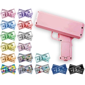 Pink Money Gun | Bills of all Colors & Holidays | Make it Rain Money | For Events Games Gifts Fun Party Favors