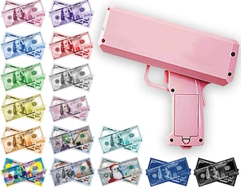 Pink Money Gun | Bills of all Colors & Holidays | Make it Rain Money | For Events Games Gifts Fun Party Favors