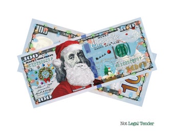 Holiday Christmas Santa New Year | Money Gun Optional | New Series 100 Dollar Novelty Bills | Full Print Custom Fake Faux Prop Money