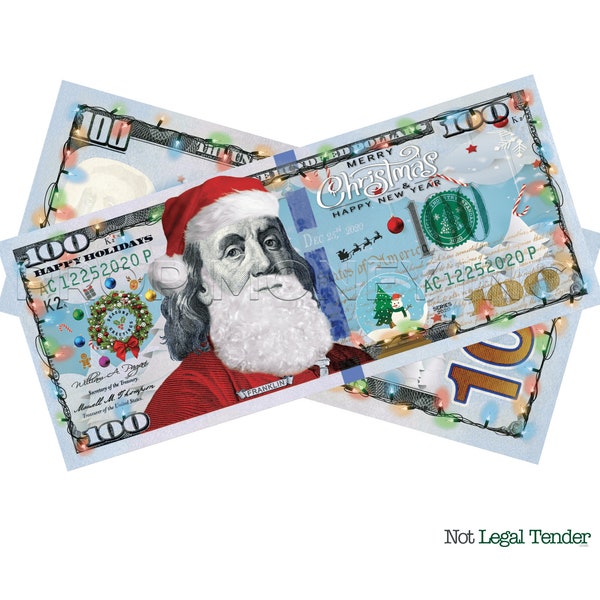 Holiday Christmas Santa New Year | Money Gun Optional | New Series 100 Dollar Novelty Bills | Full Print Custom Fake Faux Prop Money