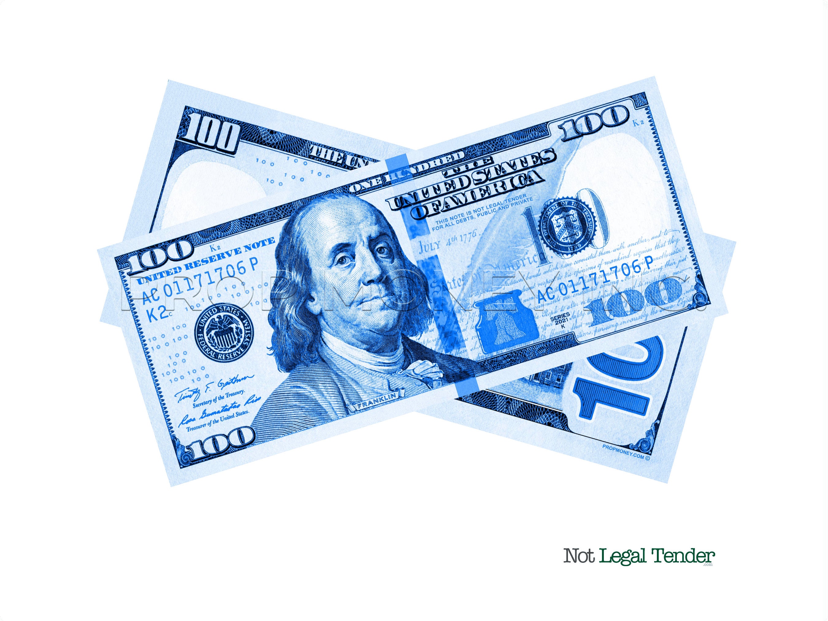 Money Print Fabric - Light Blue Metallic - 100 Dollar Bills Stretch Sp