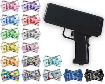 Black Money Gun | Bills of all Colors & Holidays | Make it Rain Money | For Events Games Gifts Fun Party Favors