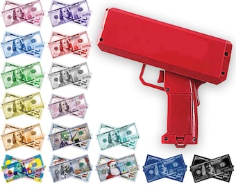 Red Money Gun | Bills of all Colors & Holidays | Make it Rain Money | For Events Games Gifts Fun Party Favors