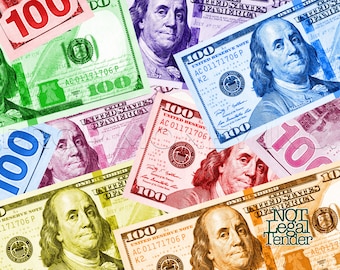 7 Color Bill Set | Pink Red Yellow Blue Purple Orange Green | 100 Dollar Novelty Colored Bills | Full Print Custom Fake Faux Prop Money