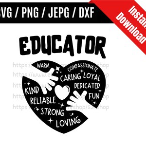 May include: Black and white graphic design of a heart with the word "EDUCATOR" above it. The heart is made up of two hands holding each other. The words "warm", "kind", "reliable", "strong", "loving", "compassionate", "caring", "loyal", "dedicated", and "fun" are written around the heart.