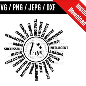 I Am Affirmation Sun svg / I Am Inspiration svg / Sunshine Words svg / Positive Words svg / Affirming Words SVG PNG dxf & jpeg Print Files