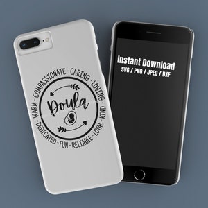 May include: Two white phone cases and a black smartphone on a blue background. One phone case features the word "Doula" in a circular design with words like "compassionate" and "caring." The smartphone displays "Instant Download" and file type options.