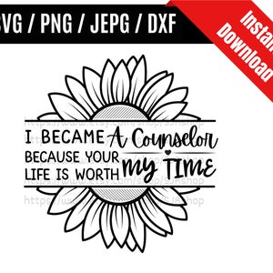 Op de afbeelding: Zwart-wit grafisch ontwerp met een zonnebloem en de tekst "Ik ben counselor geworden omdat je leven mijn tijd waard is".