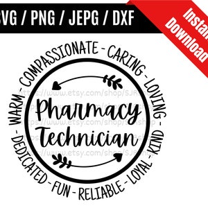 Op de afbeelding: Zwart-wit grafisch ontwerp voor een Apothekersassistent. Het ontwerp is cirkelvormig, met de woorden "Pharmacy Technician" in het midden. De woorden "Warm, Compassionate, Caring, Loving, Kind, Loyal, Reliable, Fun, Dedicated" omringen de tekst.