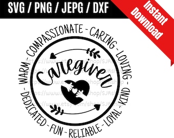 Könnte beinhalten: Schwarzweißes Kreisdesign mit dem Wort "caregiver" in einer stilisierten Schrift. Der Kreis ist umgeben von den Wörtern "warm-compassionate-caring-loving-dedicated-fun-reliable-loyal-kind".