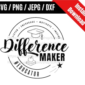 May include: Black and white graphic design with the text "Difference Maker" in a circle with the words "Listen - Encourage - Motivate - Inspire" and "#Educator" around the outside. There is a graduation cap, a book with an apple on top, and a shooting star.