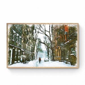 Winter Frame TV Art. Watercolor Digital Frame Art. Snowy Street Digital Art. Instant Download