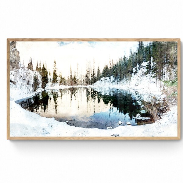 Winter Frame TV Art. Watercolor Digital Frame Art. Snowy Lake Digital Art. Instant Download