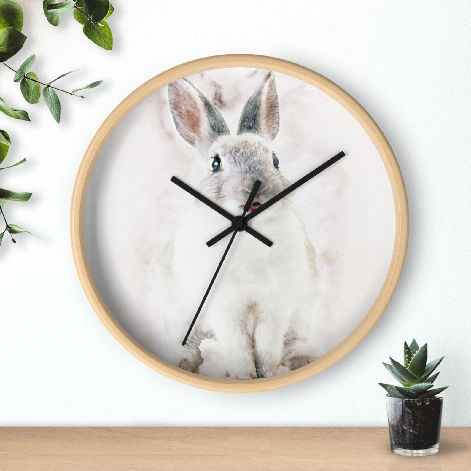 Watercolor Bunny Clock. Wooden Wall Clock. Housewarming Gift. Etsy
