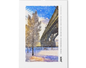 A3 Illustrierter Wandkalender 2024. Aquarell Kunst Kalender. Umweltfreundlicher Wandkalender