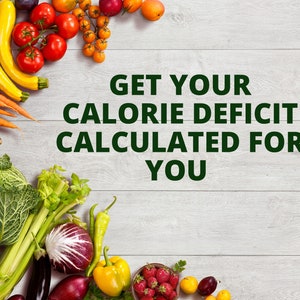 Könnte beinhalten: Eine Auswahl an frischem Obst und Gemüse, die auf einer weißen Holzoberfläche angeordnet sind. Der Text "GET YOUR CALORIE DEFICIT CALCULATED FOR YOU" ist in grünen Buchstaben auf der Oberfläche geschrieben.