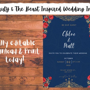 Beauty and The Beast Inspired Wedding Invitation Digital Download Fully Editable | Fairytale Invite Engagement Marriage Disney Theme