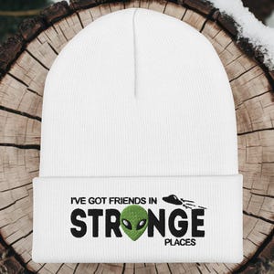 Friends in Strange Places Alien Beanie, Flying Saucer UFO, Area 51, Alien Obsessed Gift, Knit Beanie Cap, Pom pom Beanie, winter, embroidery