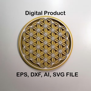 Puede incluir: Descarga digital de un diseño geométrico amarillo y blanco de la flor de la vida. EPS, DXF, AI, SVG FILE.