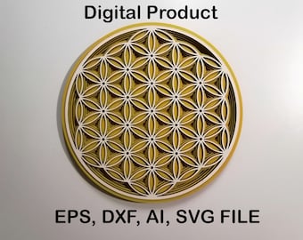 Puede incluir: Descarga digital de un diseño geométrico amarillo y blanco de la flor de la vida. EPS, DXF, AI, SVG FILE.