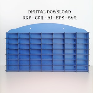 May include: Blue wall shelf with 36 compartments for displaying small items, such as toy cars. The shelf has a curved top and is made of cardboard. DIGITAL DOWNLOAD DXF - CDR - AI - EPS - SVG