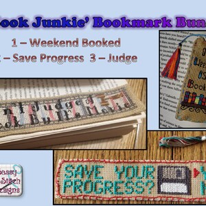 Può includere: Una collezione di segnalibri fatti a mano a punto croce. Uno dice "Don't Judge a Book By Its Movie", un altro dice "Save Your Progress? Yes No", e un terzo dice "My Weekend Is Booked". I segnalibri sono su un libro.
