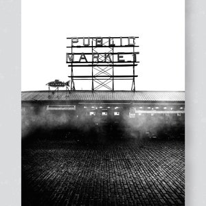 Seattle Public Market | Fish Market | Pike Place | Fog | Pacific Northwest | Black and White Photography | Urban Wall Art | Print