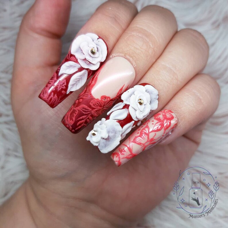 Royal Roses press on nails red Rose ruby hand painted lace 3D Acrylic flowers elegant stones glue on nails crystals image 7