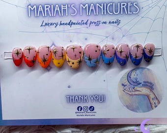 Cosmic Colorway press on nails | Gold | bling | Glitter | stars | Night | chrome | red blue | gradient | glue on nails | French tip | ombre