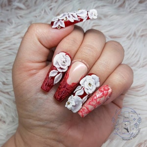 Royal Roses press on nails red Rose ruby hand painted lace 3D Acrylic flowers elegant stones glue on nails crystals image 5