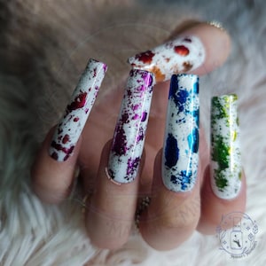 Prismatic Paint Splatters press on nails, summer, pigment, white nails, rainbow, chrome nails, colorful nails, glue on nails, artsy, artist