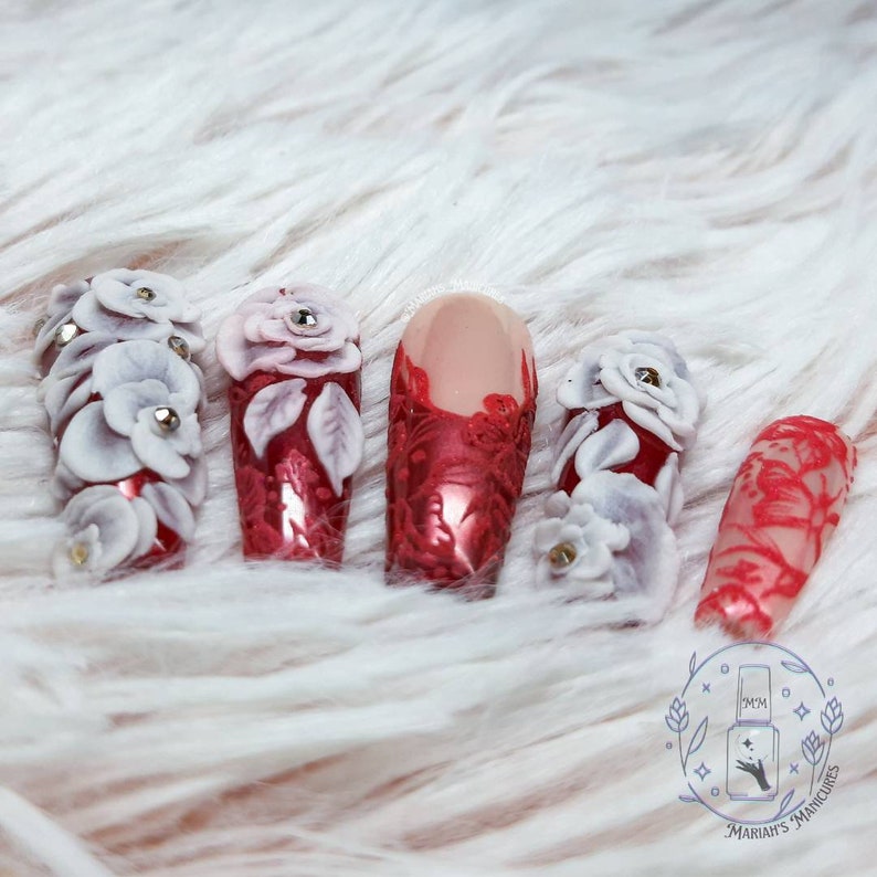 Royal Roses press on nails red Rose ruby hand painted lace 3D Acrylic flowers elegant stones glue on nails crystals image 2