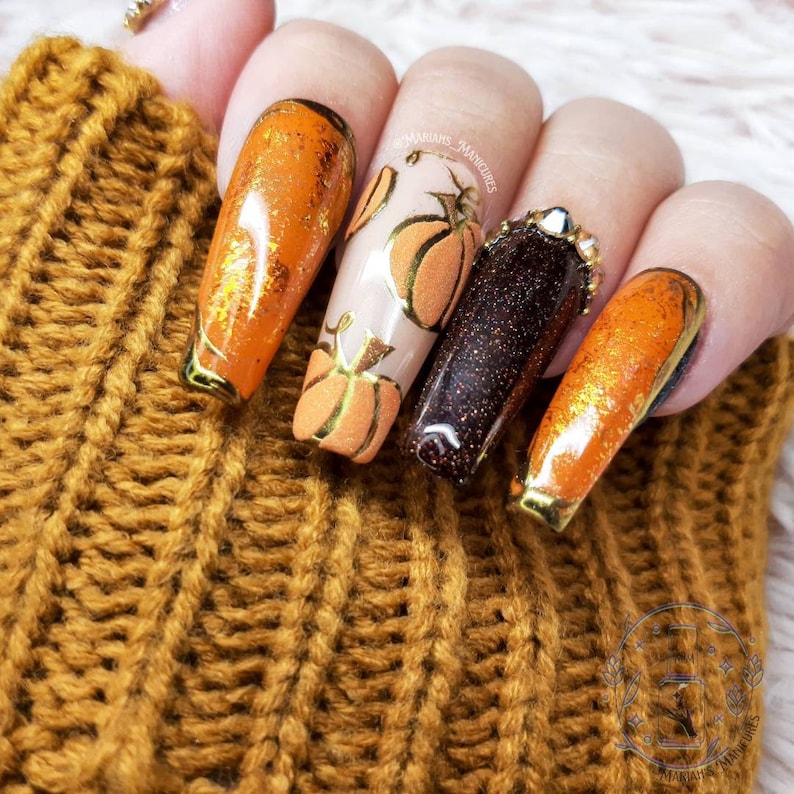 Golden Gourds Press on Nails Pumpkin nails Fall nails Autumn nails plaid nails gold Handpainted Pumpkin Patch bling orange image 3